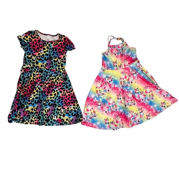 Lot if 2 Unbranded Girls Sz 8 Dresses Animal Print Rainbow Unicorn Cat Kawaii - Picture 1 of 3